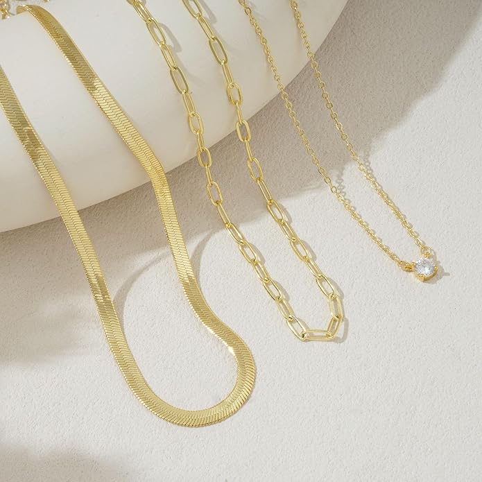 Layered Gold Necklace for Women Dainty 14K Gold/Silver Plated Stacked Necklace for Women Trendy Cuban Paperclip Herringbone Chain Diamond Pendant Necklaces Jewelry Set Accessories Gift
