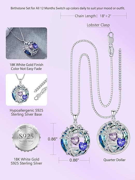 TOUPOP s925 Sterling Silver Family Celtic Tree of Life Pendant Necklaces with 2 Heart Birthstone with Blue Austrian Crystal Jewelry Birthday Anniversary Christmas Gifts for Her Wife Girlfriend Mom (18K Real White Gold Filled)
