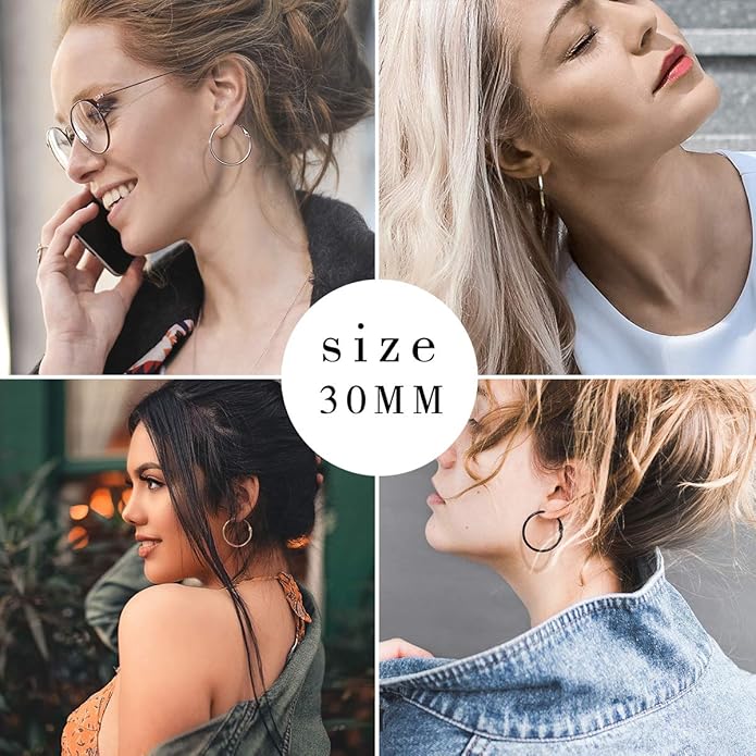 FOCALOOK 14K Gold Plated Lightweight Large Hoops| 2mm Thin Hoop Earrings for Women 30/40/50/70/100mm