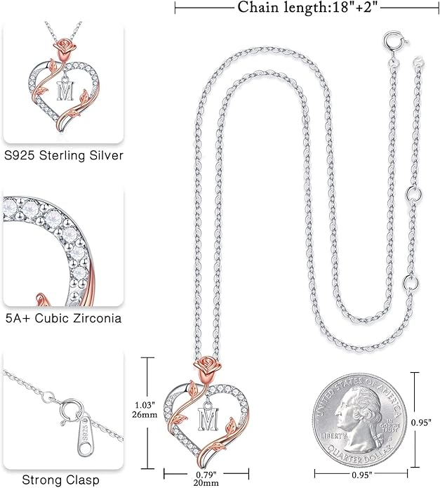 Iefil Rose Heart Necklaces Gifts for Women - 925 Sterling Silver Heart Initial Necklace, Anniversary Birthday Gifts for Women, Jewelry Gift for Wife Wife Girlfriend Mom
