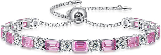 Birthstone Tennis Bracelets for Women White Gold Sterling Silver Gemstone Bracelets Adjustable Chain 6-9 Inchs Jewelry Anniversary Birthday Gifts for Women Mom Wife Her