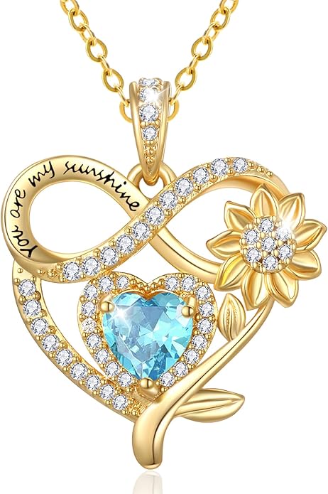 14K Gold Sunflower Heart Necklace for Women, You Are My Sunshine Jewelry with Birthstone Pendant, Anniversary Birthday Gifts for Her Wife Mom Grandma Daughter