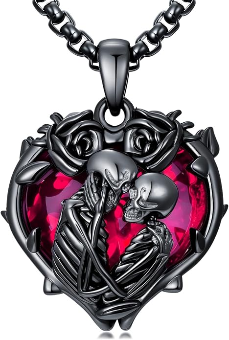Flpruy 925 Sterling Silver Black Gothic Jewelry Gifts Skeleton Couple Pendant Crystal Birthstone Heart Necklace Punk Romantic Jewelry for Lover Men Women