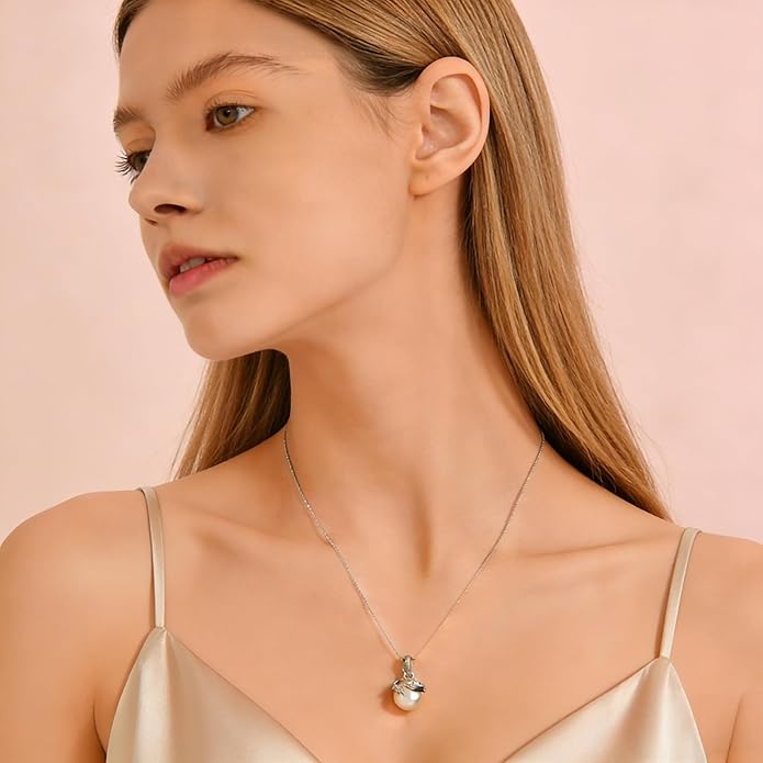 Fahonie Pearl Necklace for Women 925 Sterling Silver Pearl Drop Pendant Necklace Dainty Pearl Necklace with CZ Birthday Anniversary Jewelry Gifts for Wife Her