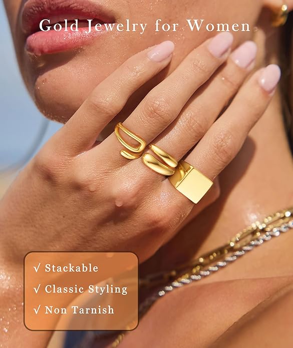 ZOERAY Chunky Gold Rings for Women Non Tarnish Trendy 14k Gold Plated Adjustable Signet Band Stackable Thumb Ring Set Open Twist Dome Statement Stacking Rings Jewelry Gifts for Women Size 5-10