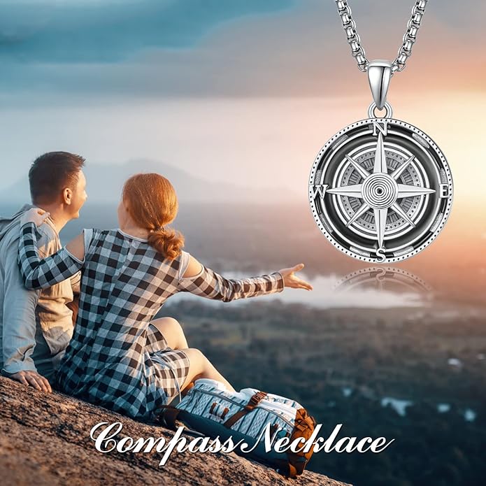 KINGWHYTE Compass Necklace for Men 925 Sterling Silver Birthday Gifts Graduation Travel Jewelry for Husband Brother with Stainless Steel Chain