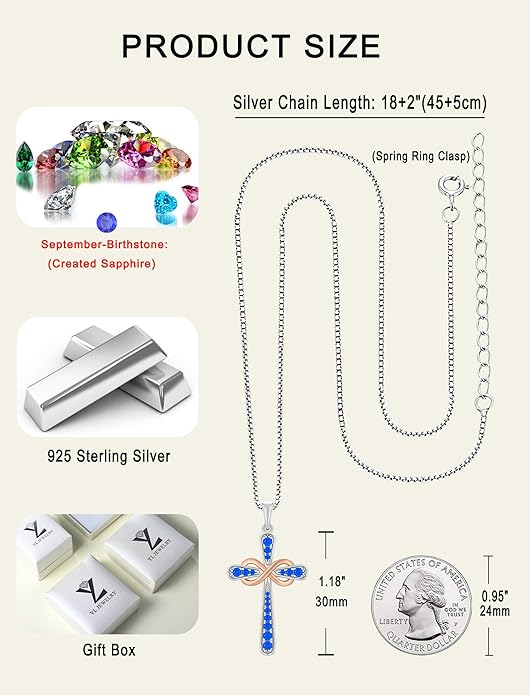 YL 925 Sterling Silver Cross Necklace for Women Halo Infinity Pendant Birthstone Jewelry for Mom