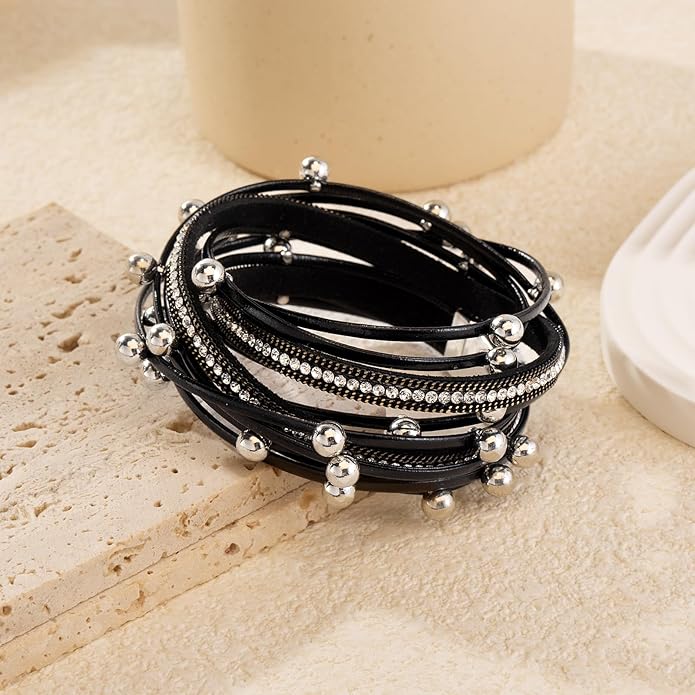 ENGCKSHI Wrapped Bracelets for Women,Leather Bracelet,Boho Bracelets for Women,Multi-Layer Pearl Crystal Bracelet Bangle Jewelry
