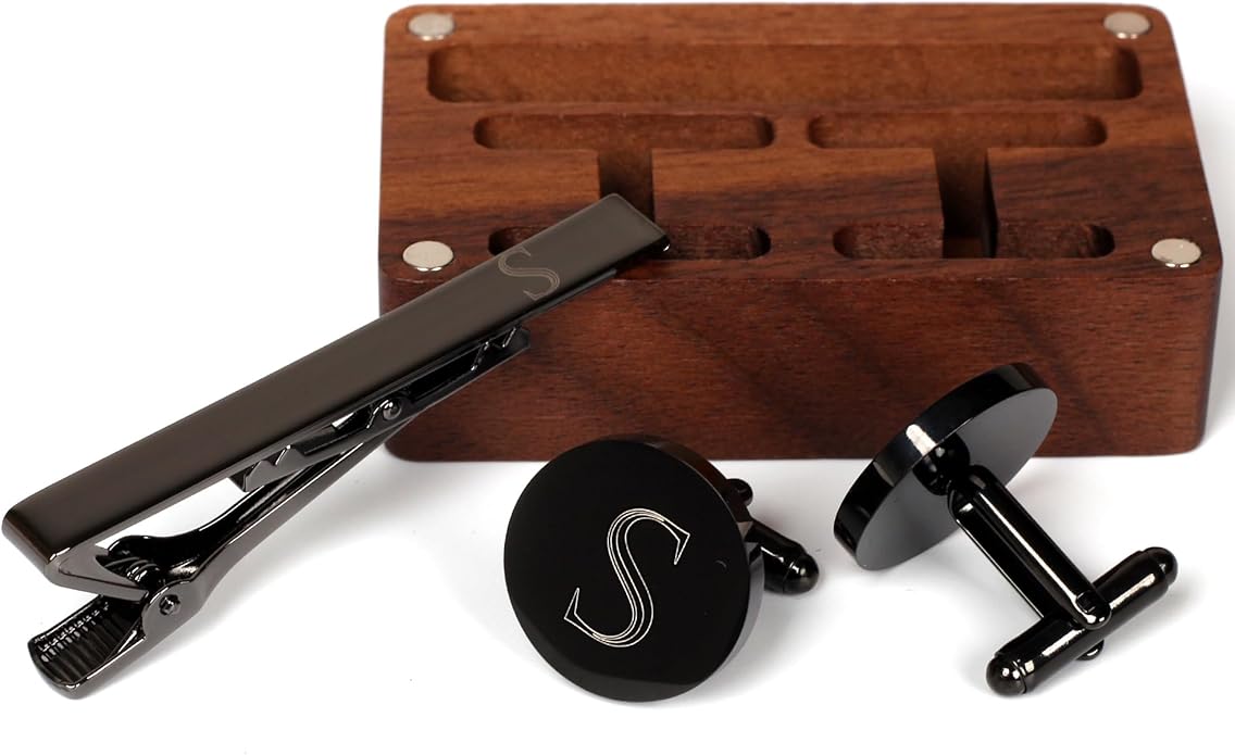Mens Initial Cufflinks and Tie Clip A-Z Alphabet Letter Black Stainless Cuff Links Tie Bar with Engraved Walnut Wood Box Groom Groomsman Wedding Set