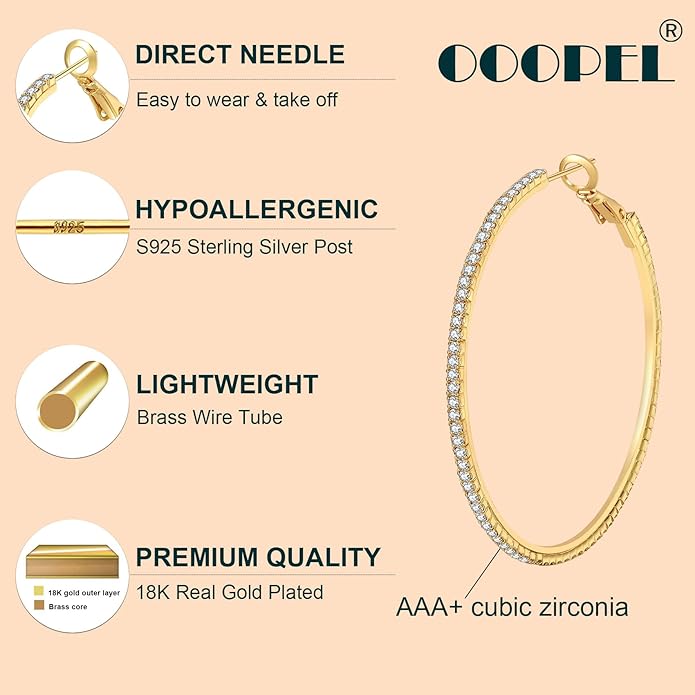 925 Sterling Silver Earrings Large Rhinestone Hoop Earrings Big Cubic Zirconia Hoop Earrings Thin Rhinestones Round Hoop Earrings for Women 20/30/40/50/60/70mm Sparkly Hoops With Crystals for Womens