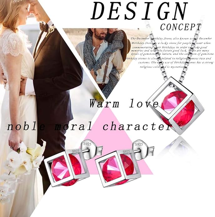 Aurora Tears Birthstone Necklace/Earring 925 Sterling Silver Women Cross/3D Cube/Cresent Moon Birth Stone Jewelry Mens Birthday Gift Anniversary Present