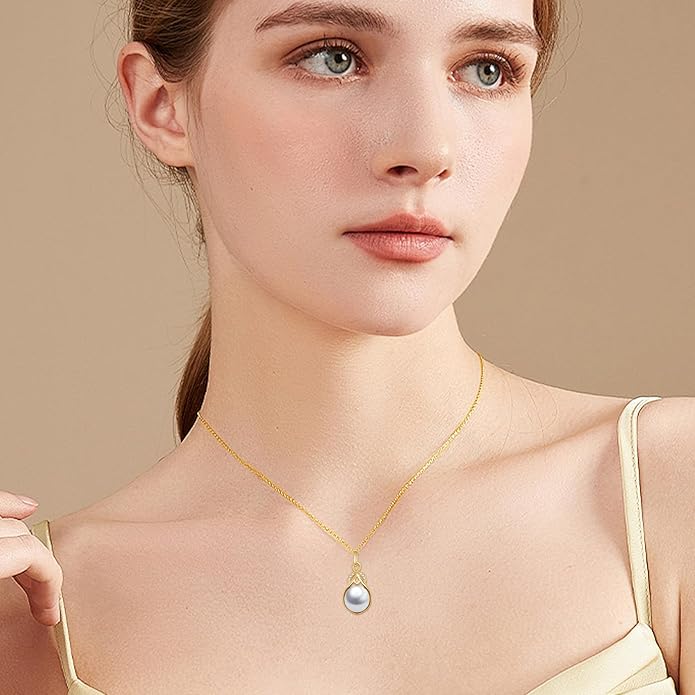 NFYBD 14K Gold Pearl Necklace for Women,9mm Freshwater Cultured White Pearl Pendant Necklaces Jewlery Gifts for Her Wife Mom Present for Anniversary Birthday Mothers Day 16+1+1