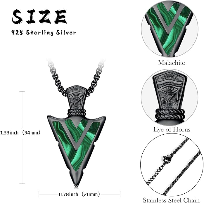 Suiknsn Arrowhead Necklace for Men Women 925 Sterling Silver Turquoise Malachite Celtic/Eye of Horus/Viking Arrow Pendant Amulet Jewelry Gifts Native American Necklace