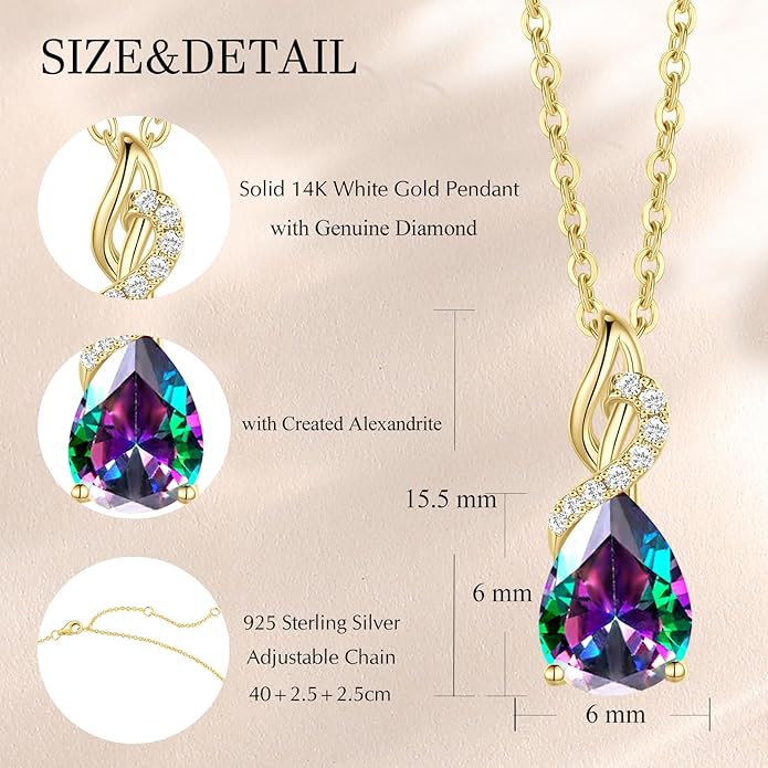 FANCIME 14K Solid Yellow Gold Teardrop Pendant with Diamond Birthstone Necklace Birthday Gifts for Mom Women, Sterling Silver Chain 16" + 2" Extender