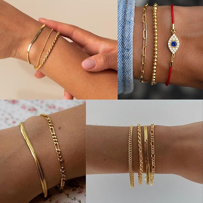 Gold Bracelets for Women Trendy,14K Gold Plated Dainty Stackable Paperclip Cuban Link Chain Bracelets, Simple Cute Cuff Bracelets Jewelry Set Adjustable 7"+2"