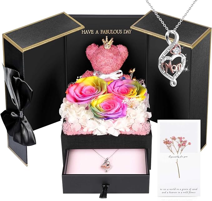 ADDWel Gifts for Mom from Daughter and Son, Unique Mom Birthday Gift Idea, Preserved Real Roses with Sterling Silver Mom Necklace, Cool Present to Mother Mama