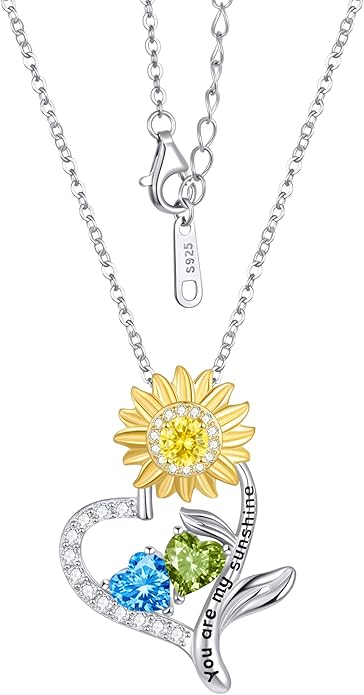 PERJI Valentine's Day Gifts for Women - 925 Sterling Silver Double Birthstone Sunflower Necklace, Anniversary Birthday Jewelry You are My Sunshine Gifts for Wife Couple Girlfriend 18"+2" Non Tarnish