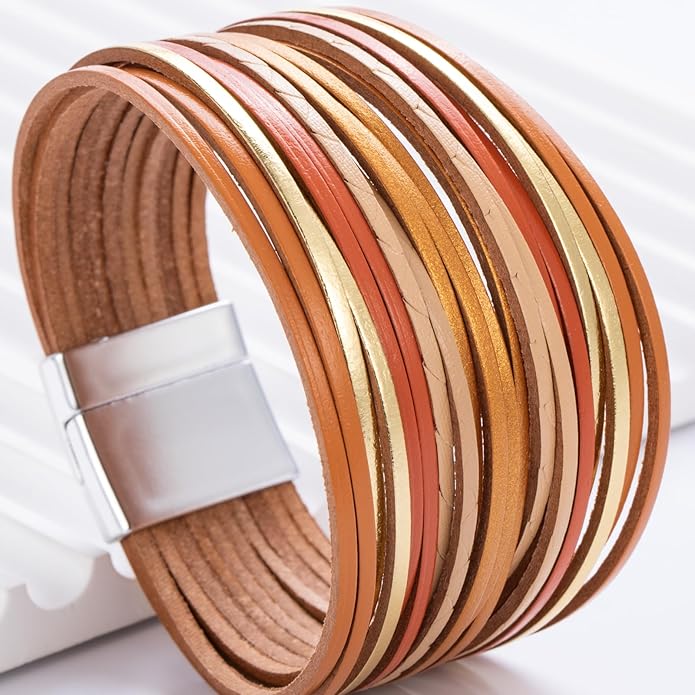 FANCY SHINY Boho Leather Wrap Bracelet Stackable Layered Bangle Cuff with Magnetic Clasp