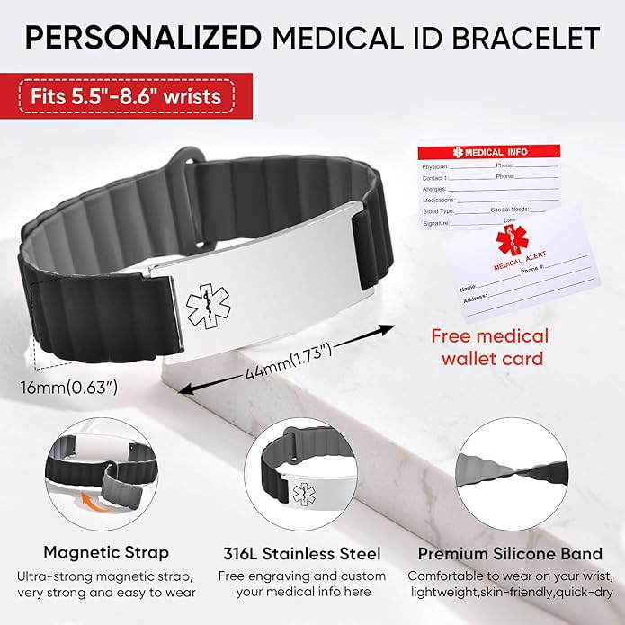 Comfortable Medical ID Bracelet for Men & Women - Custom Engraved Silicone Strap Comfort Fit Medical Alert Bracelets for Sports,Adjustable Waterproof Customizable Wristband for Diabetic