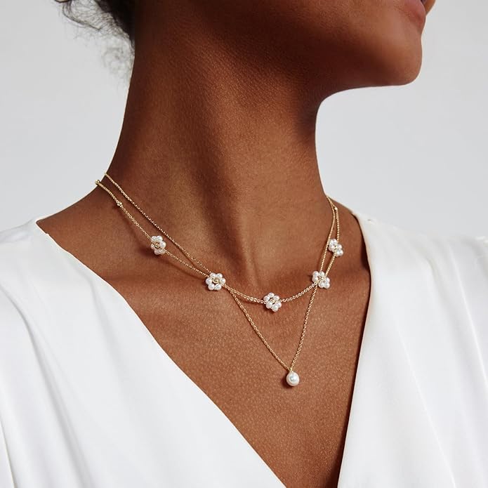 Gold Jewelry Set for Women - Dainty 14K Gold/Silver Plated Pearl Choker Necklace, Drop Earrings & Bracelets - Wedding Trendy Pearl Jewelry Gift