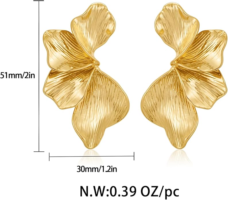 Chunky Gold Statement Earrings For Women Gold Plated Sectored Flower Leaf Shell Angel Wing Earrings Large Stud Earrings Hypoallergenic Earrings