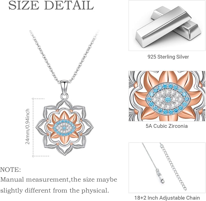 Evil Eye Necklace for Women 925 Sterling Silver, Protection Necklace with Blue Evil Eye Charm, Evil Eye/Lotus Pendant Jewelry, Birthday Christmas Gifts for Her