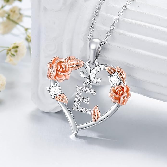 AOBOCO Rose Heart Necklaces Valentines Gifts for Women, 925 Sterling Silver Rose Love Heart Initial Letter Pendant Necklace Jewelry Mothers Day Christmas Birthday Gifts for Her Mom Wife Girlfriend