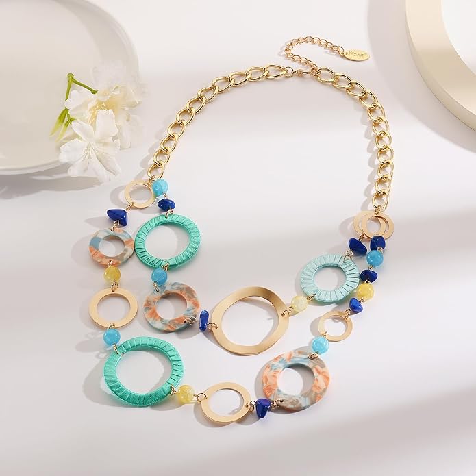 Bocar Layered Collar Necklace Statement Circle 2 Strand Chain Jewelry Necklaces Trendy for Women Gift