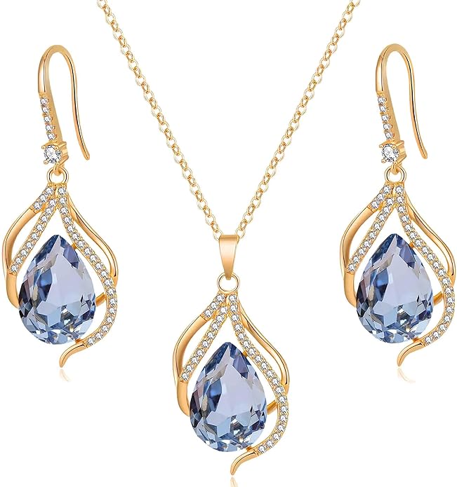 EVEVIC Austrian Crystals Teardrop Hollow Twisted Pendant Necklace Earrings for Women 14K Gold Plated Halo Drop Dangle Earrings Hypoallergenic Jewelry Set