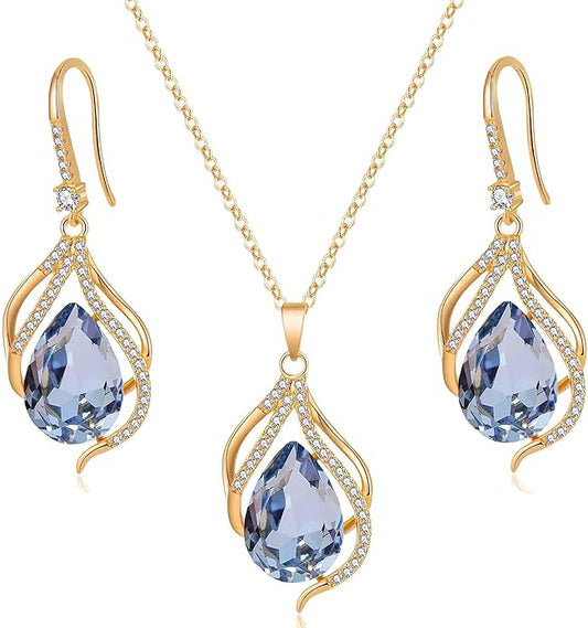 EVEVIC Austrian Crystals Teardrop Hollow Twisted Pendant Necklace Earrings for Women 14K Gold Plated Halo Drop Dangle Earrings Hypoallergenic Jewelry Set