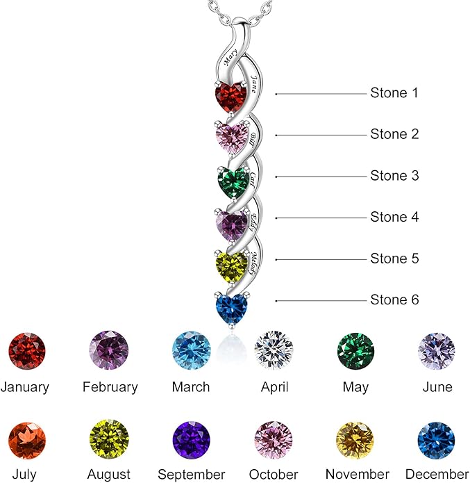 MissNaNa Sterling Silver Personalized Mothers Necklace with Simulated Birthstones Engraved 1-6 Children Names Custom Love Heart Pendant Family Necklace for Women Mother's Day Birthday