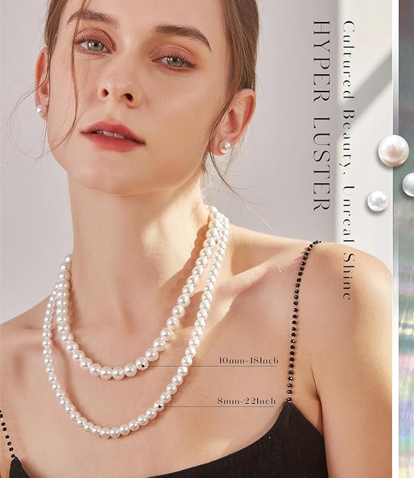 Raneecoco HYPER LUSTER Sterling Silver Round Simulated Pearl Necklace for Women | Dainty Choker or Long Pearl Necklace | Gift Ready for Wedding
