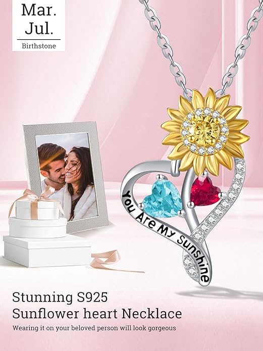Zeuslia Double Birthstone Necklace Gifts for Wife - 925 Sterling Silver Sunflower/Rose/Crown Cross/Compass/Heart Pendant I Love You Necklace, Anniversary Birthday Gifts for Wife Girlfriend Mom Her
