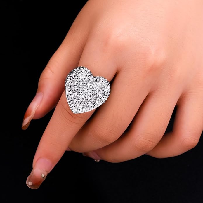 Iced Out Jewelry 5A Cz Stones Shiny Baguette Heart Engagement Gold Luxury Diamond Ring, Hip Hop Bling Bling 18K Gold Plated Party Pinky Ring Men Women