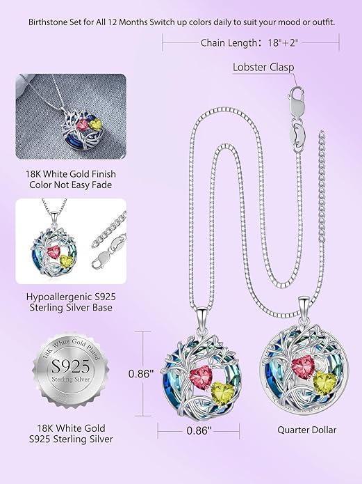 TOUPOP s925 Sterling Silver Family Celtic Tree of Life Pendant Necklaces with 2 Heart Birthstone with Blue Austrian Crystal Jewelry Birthday Anniversary Christmas Gifts for Her Wife Girlfriend Mom (18K Real White Gold Filled)