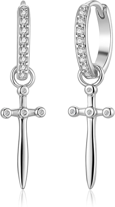 Dagger Hoop Cuff Earrings Cubic Zirconia Hypoallergenic Cartilage Earrings Huggie Ear Piercing Sword Small Dangle Drop for Women & Men BFF Stylish Jewelry
