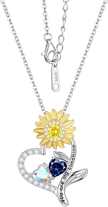 PERJI Valentine's Day Gifts for Women - 925 Sterling Silver Double Birthstone Sunflower Necklace, Anniversary Birthday Jewelry You are My Sunshine Gifts for Wife Couple Girlfriend 18"+2" Non Tarnish