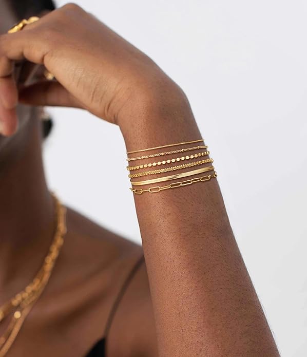 DEARMAY Waterproof Gold Plated Bracelets Set for Women Trendy, Dainty 14K Gold Jewelry Fashion Stackable Tennis Beaded Figaro Herringbone Paperclip Link Bracelet Pack Stack Gifts for Women