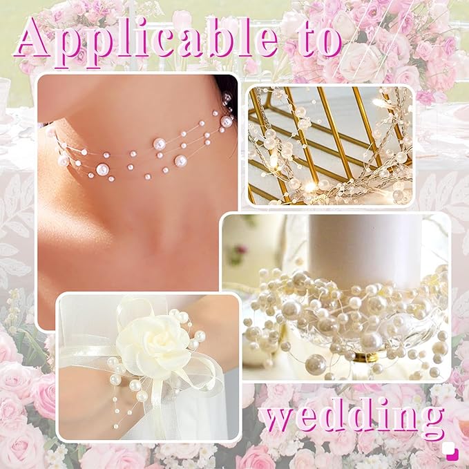 Towenm 99 Feet Fishing Line Artifical Pearl Strings for Crafting, Faux Pearl Garland Strands for Floating Candle Vases Filler Wedding Centerpiece Bouquet Christmas Tree Party Decoration, Ivory