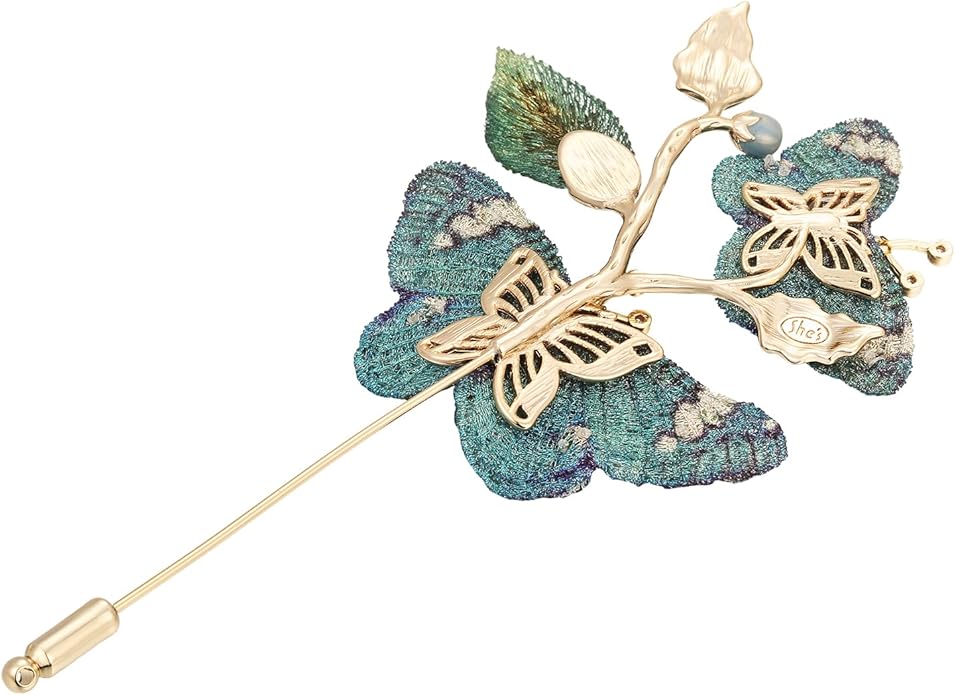 Handmade Embroidery Flower Brooch Pins for Women, SHE'S FREE STYLE JUST FOR YOU Luxury Gradient Stitching Floral Brooch Pins with Crystal stamen, Enamel Metal Butterfly with Green Leaves, Hand Dripping Oil Jewelry pins
