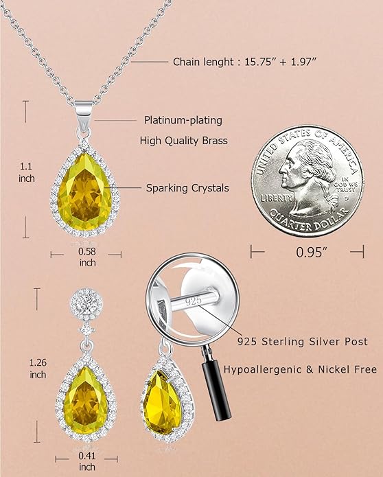 REASAYLL Jewelry Sets For Women 925 Sterling Silver Post Teardrop Dangle Stud Earrings Necklace Set Crystal Rhinestone Wedding Prom Costume Jewelry for Women