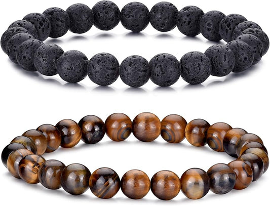 RANKEEF Mens Bead Bracelet Set - Adjustable Elastic Rope With 6&8MM Natural Stone Multi-Colored Beads - Tiger Eye Bracelets for Men - Gift