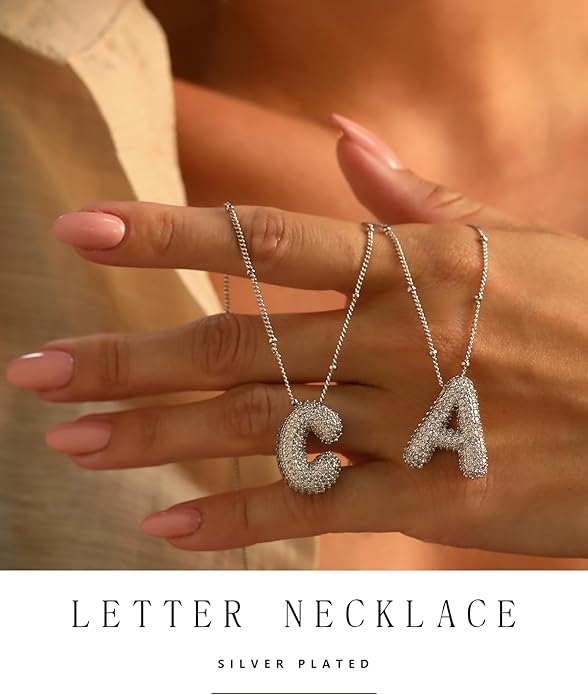 Letter Necklace, 14k Gold Plated Bubble Balloon Dainty Necklace for Women, Chunky Initial Charm Pendant Name Necklace Personalized