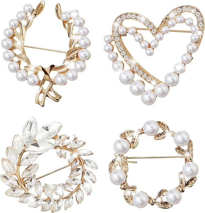 Ecally 4 Pcs Brooches and Pins for Women Crystal Pearl Brooch for Wedding Christmas Teacher Appreciation Gift