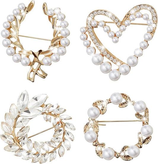 Ecally 4 Pcs Brooches and Pins for Women Crystal Pearl Brooch for Wedding Christmas Teacher Appreciation Gift