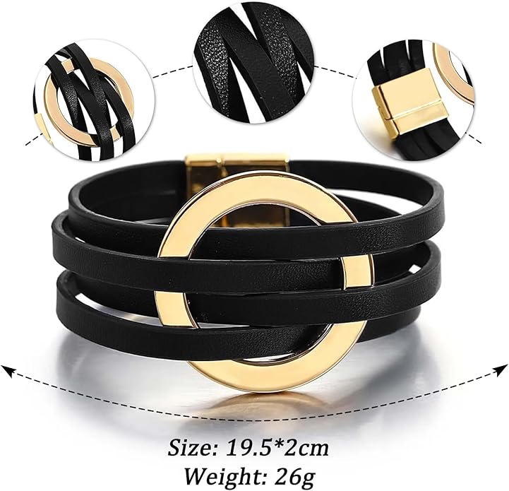 Fesciory Leopard Bracelet for Women, Boho Leather Wrap Multi-Layer Pearl Crystal Bracelet Bangle Jewelry