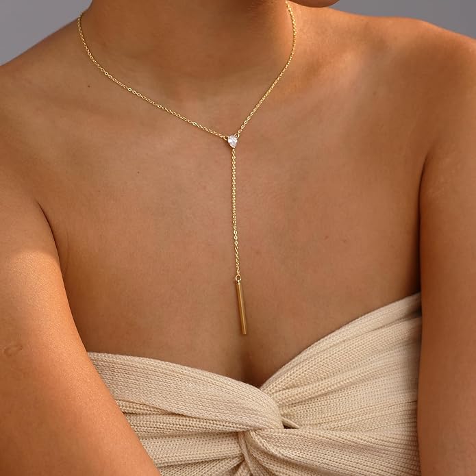 Gold Necklace for Women, Dainty Gold Long Necklaces 14k Gold Plated Prom Bar CZ Lariat Necklace Simple Choker Necklaces for Women Trendy Boho Fashion Costume Jewelry Womens