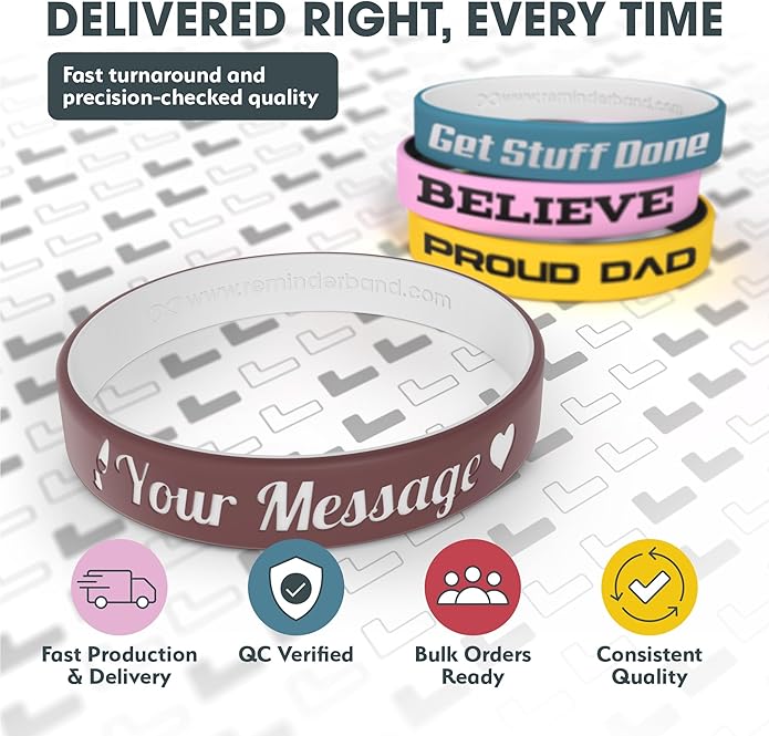 Reminderband Custom 100% Silicone Luxe Wristbands – Personalized Motivational Bracelets, Bulk Rubber Bands for Events, Fundraisers, Awareness, Gifts - Hypoallergenic Bands