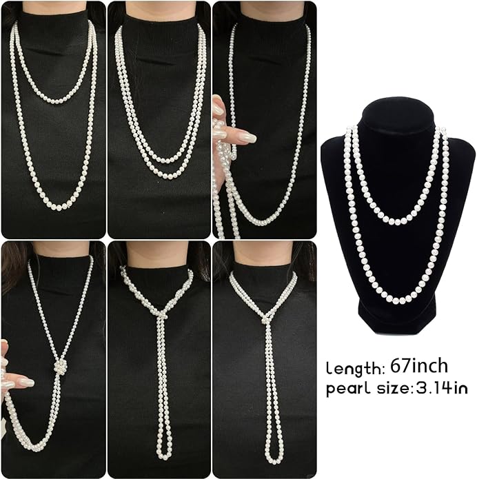 Long White Pearl Necklace 150cm/59 Adjustable Multi-Strand Faux Pearls for Women, Bridal Wedding Vintage Gatsby Jewelry for Party & Elegant Events