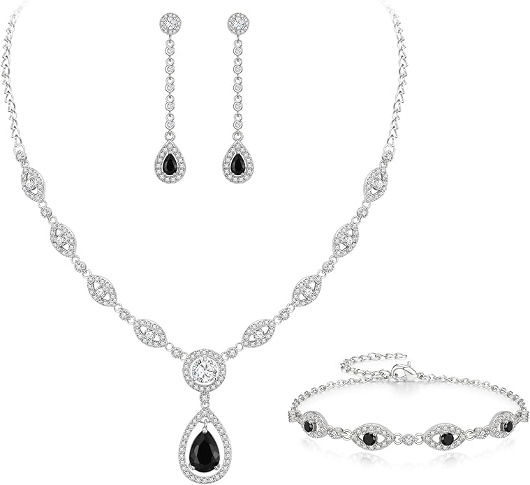 EVER FAITH Bridal Jewelry Set for Women, Stunning Teardrop Cubic Zirconia Birthstone Necklace Bracelet Earrings Sets Gift for Mothers Day/Valentines/Birthday/Christmas